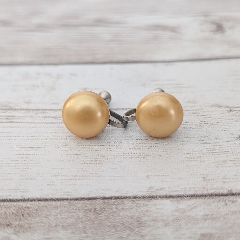 Vintage Screw On Earrings Golden Faux Pearl 7/16"